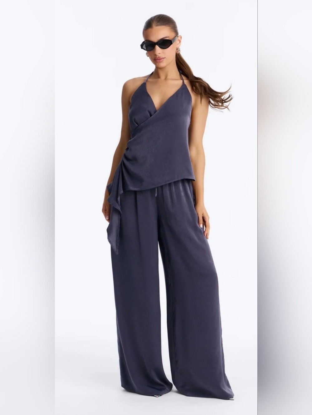 Navy/Gray Halter & Wide-Leg Pants Set